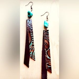 Leather Rectangle Earrings in Turquoise Brown Floral